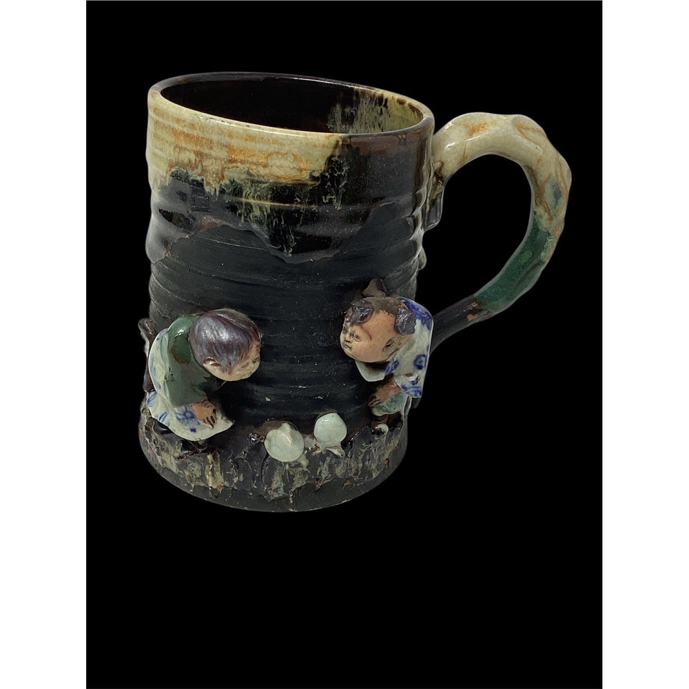 Antique Japanese Sumida Gawa Figural Mug Cup, Children Birds Stamped 5"